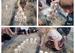 Słoneczka układają na dywanie piramidę dinozaurową.