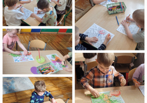 Dzieci z grupy słoneczka siedzą przy stolikach i wykonują pracę plastyczną.