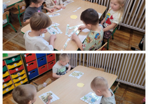 Dzieci z grupy słoneczka siedzą przy stolikach i układają puzzle z obrazkami dinozaurów.