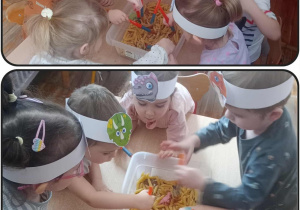 Kolaż dwóch zdjęć, na których dzieci poszukują zakopanych skamieniałości.