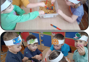 Kolaż dwóch zdjęć, na których przedszkolaki poszukują zakopanych skamieniałości.