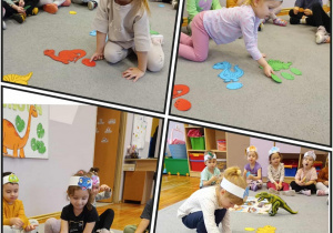 Kolaż zdjęć, na których przedszkolaki segregują jaja ze względu na kolor.