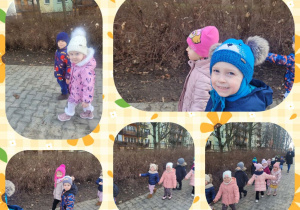 Kolaż zdjęć dzieci poszukujących oznak wiosny podczas spaceru