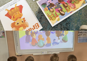 Kolaż przedstawia Smerfy oglądające film dotyczący kolejnego Czuciaka oraz omawiające poznaną postać