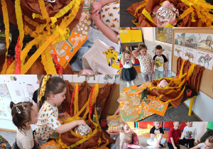 Kolaż zdjęć działań dzieci z grupy Stokrotki z okazji Dnia Dinozaura.