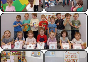 Kolaż przedstawiający dzieci z grupy Biedronki w trakcie zabaw z okazji dnia Kobiet