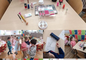 Kolaż zdjęć z aktywności dzieci z grupy Misie podczas świętowania Dnia Kobiet.