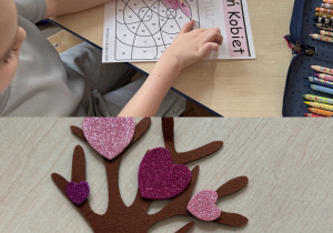 Kolaż przedstawia Smerfy wykonujące zakodowane karty pracy oraz drzewko przyjaźni dla kolegów i koleżanek