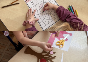 Kolaż przedstawia dzieci z grupy Smerfy wykonujące drzewko przyjaźni oraz opaski na głowę z koronami