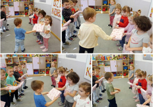 Cztery zdjęcia prezentujące przedszkolaków wręczających prezenty i dyplomy koleżankom.