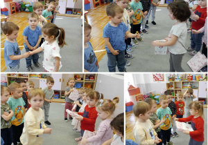 Kolaż zdjęć, na których dziewczynki wręczają chłopcom lizaki.