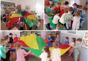 Kolaż czterech zdjęć, na których dzieci bawią si e chustą animacyjną.