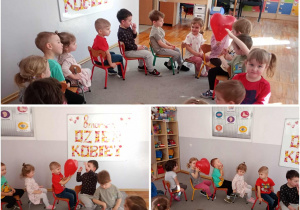 Kolaż zdjęć, na których dzieci podają nad głowami balon.