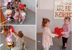 Kolaż – dzieci bawią się w kole balonem w kształcie serca.