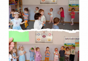 Kolaż prezentujący dzieci w trakcie zabaw ruchowych z wykorzystaniem figur geometrycznych.