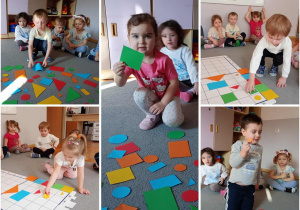 Pięć zdjęć na których dzieci wyszukują i kodują figury geometryczne.