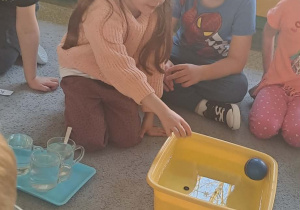 Dziewczynka wrzuciła guzik do miski z wodą.