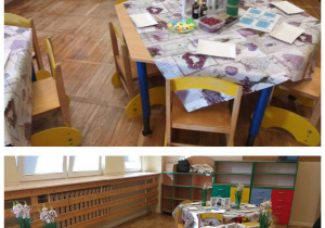 Stoły przygotowane do warsztatów mydlarskich, z materiałami i dekoracjami gotowymi dla uczestników.