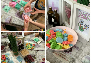 Grupa Smerfy tworzy kolorowe mydełka, wybierając różne kształty, zapachy i dodatki podczas warsztatów mydlarskich.