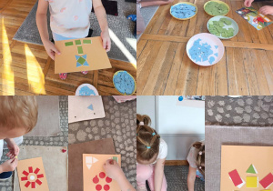 Kolaż zdjęć podczas zabaw z figurami geometrycznymi.