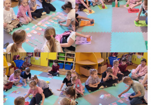 Kolaż zdjęć przedstawiający dzieci z grupy Żabki podczas zabaw z okazji Dnia Matematyki.