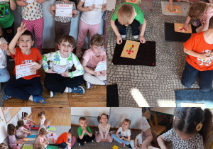 Kolaż zdjęć z aktywności dzieci z grupy Stokrotki podczas Dnia Matematyki.