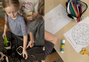 Kolaż przedstawia dzieci sypiące ziemię oraz ziarenka do swoich doniczek oraz wykonujące pracę tematyczną “pani wiosna”