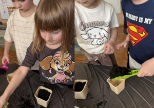 Kolaż przedstawia dzieci sypiące ziemię i ziarenka do własnych doniczek