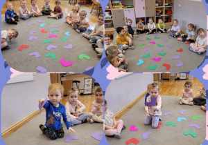 Kolaż zdjęć dzieci podczas zajęć z okazji Dnia Kolorowej skarpetki