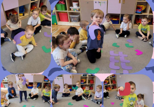 Kolaż zdjęć dzieci dobierających skarpetki do pary