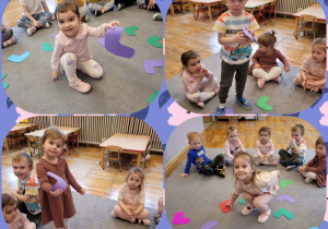 Kolaż zdjęć dzieci dobierających skarpetki do pary