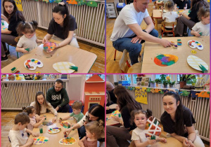 Kolaż zdjęci dzieci wraz rodzicami podczas tworzenia wielkanocnych pisanek