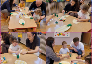 Kolaż zdjęci dzieci wraz rodzicami podczas tworzenia wielkanocnych dekoracji