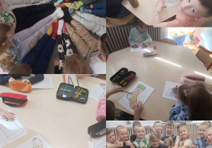 Kolaż zdjęć przedstawiający dzieci z grupy Misie podczas obchodów Dnia Kolorowej Skarpetki.