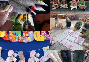 Dzieci z grupy Stokrotki podczas aktywności z okazji Dnia Kolorowej Skarpetki.