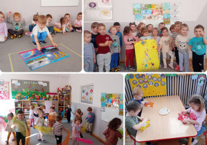 Kolaż prezentujący dzieci z grupy Biedronki w trakcie zdobywania wiedzy na temat wiosny oraz z postacią Pani Wiosny.