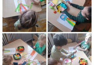 Kolaż zdjęć dzieci z grupy Słoneczka podczas wykonywania "Pani Wiosny".