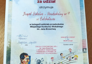 8 Zdjęcie przedstawia podziękowania dla Zespołu Szkolno- Przedszkolnego nr 9 w Bełchatowie za udział w konkursie.