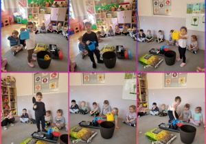 Kolaż zdjęć dzieci poznających narzędzia ogrodnicze