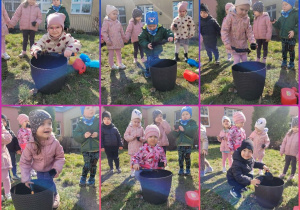 Kolaż zdjęć dzieci przygotowujących doniczki z ziemią do sadzenia roślin