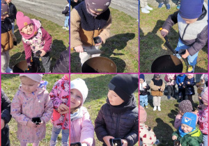 Kolaż zdjęć dzieci przygotowujących doniczki z ziemią do sadzenia roślin