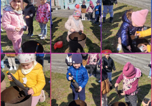 Kolaż zdjęć dzieci przygotowujących doniczki z ziemią do sadzenia roślin