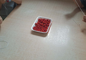 Dzieci nawlekają jarzębinę na sznurek.