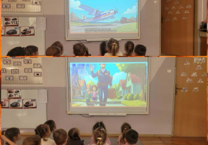 Kolaż zdjęć dzieci podczas ekranizacji bajki edukacyjnej o pracy listonosza i podróży listów