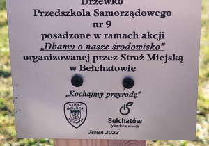 Tablica z informacją o przesadzeniu drzewa przez dzieci.