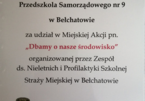 Podziękowanie dla przedszkola za udział w akcji Dbamy o nasze środowisko.