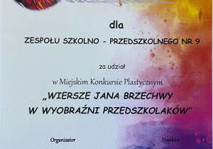 Podziękowanie dla Zespołu Szkolno - Przedszkolnego nr 9 za udział w Miejskim Konkursie Plastycznym