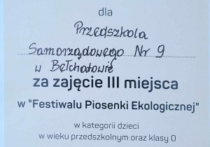 Dyplom za zajęcie trzeciego miejsca w Festiwalu Piosenki Ekologicznej