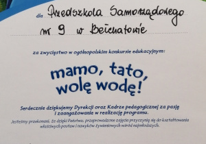 Dyplom za udzial w programie edukacyjnym - "mamo, Tato wole wodę"