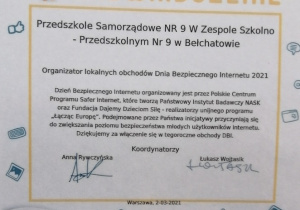 Zaświadczenie o udziale Przedszkola Samorządowego nr 9 w bełchatowie w wobchodach Dnia bezpiecznego Internetu